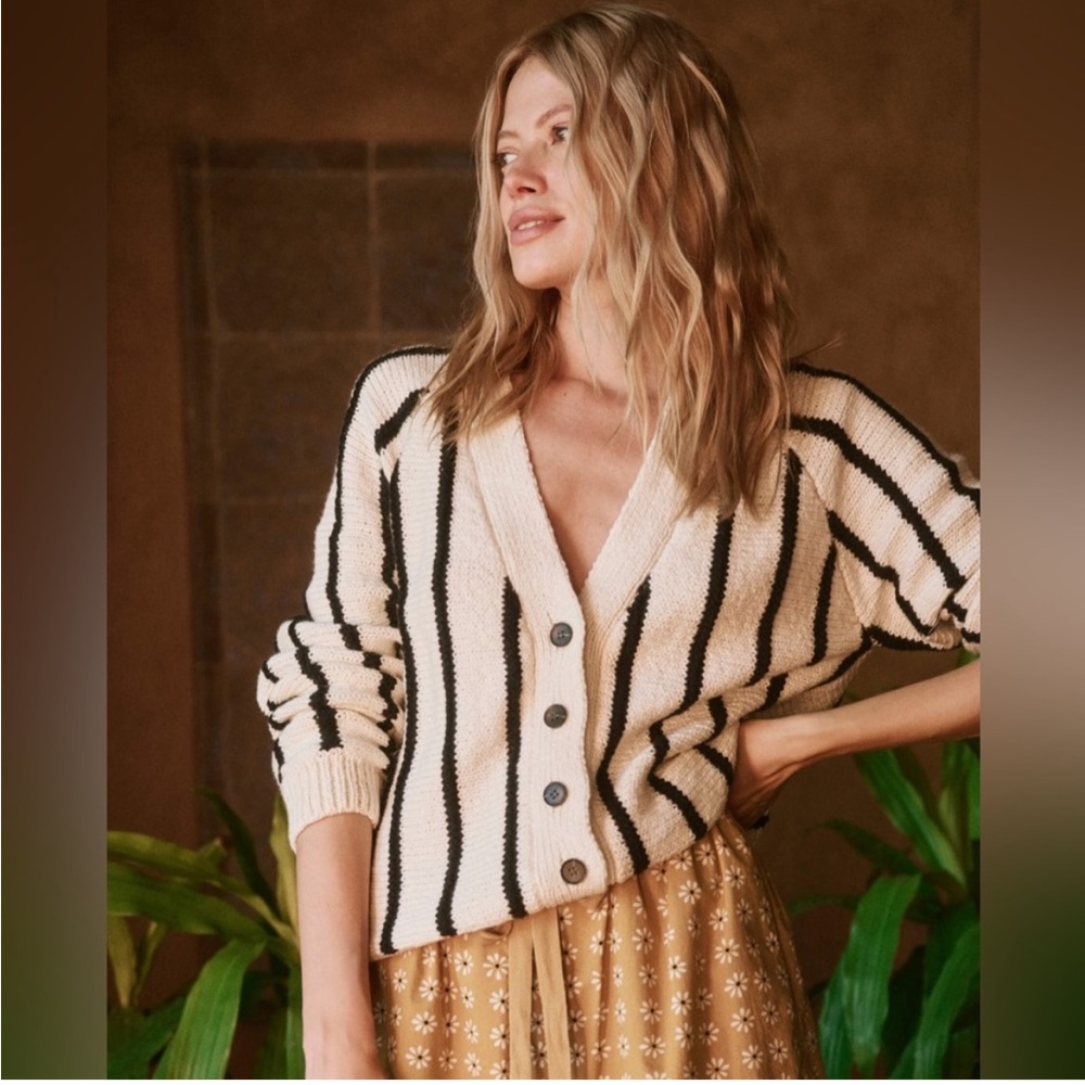 NWT The Great. The Sea Stripe Boxy Cardigan in Cream with Black Stripes. Size 1.